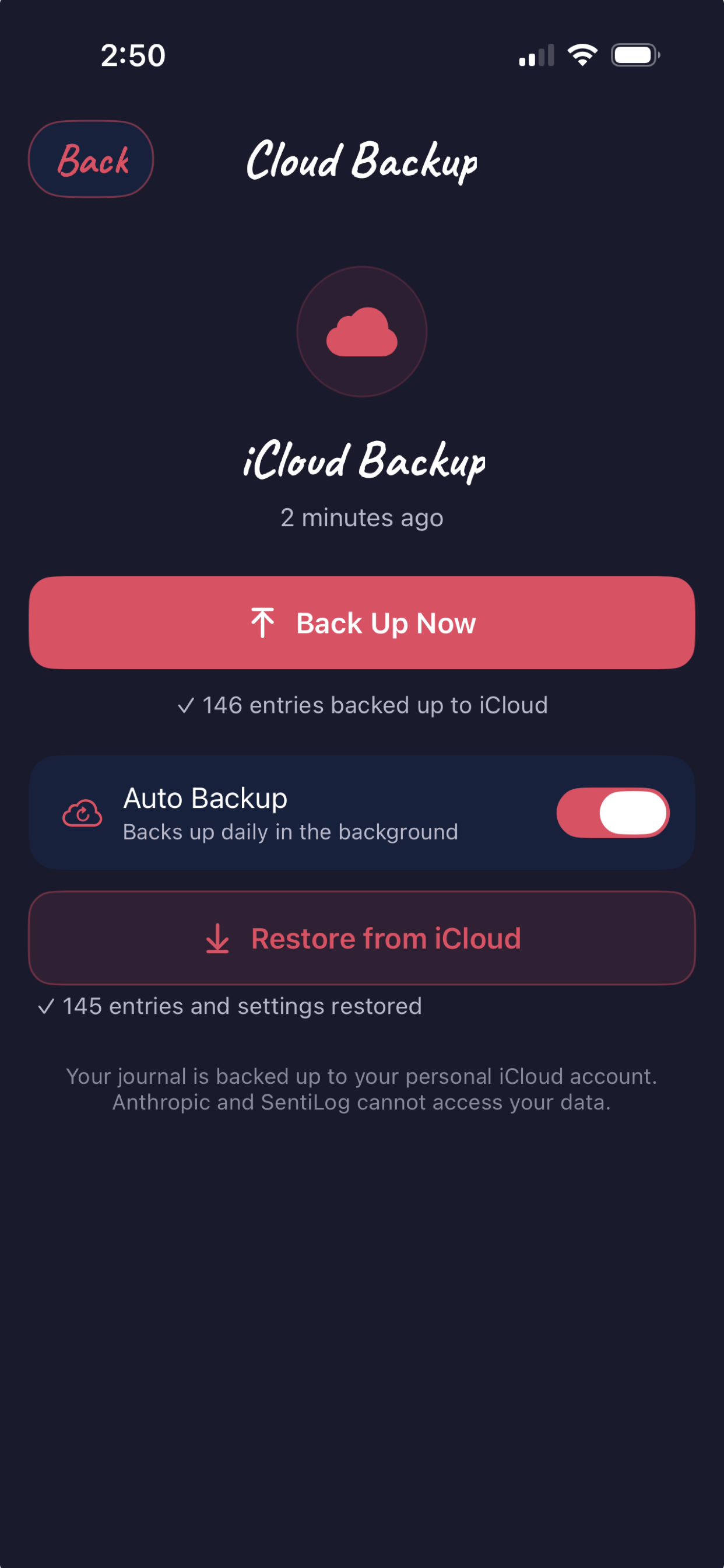 SentiLog on iOS — Encrypted iCloud backup