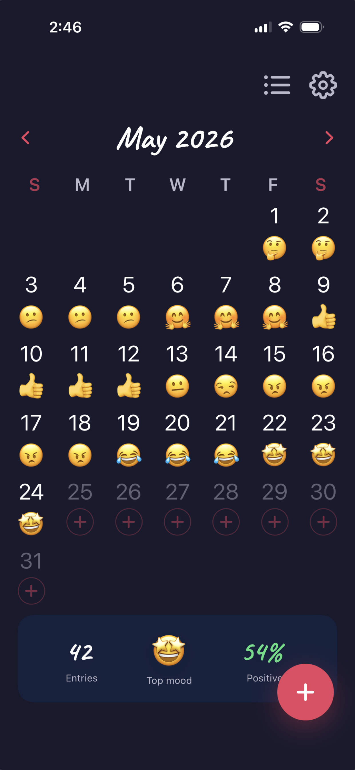 SentiLog on iOS — Monthly emoji calendar