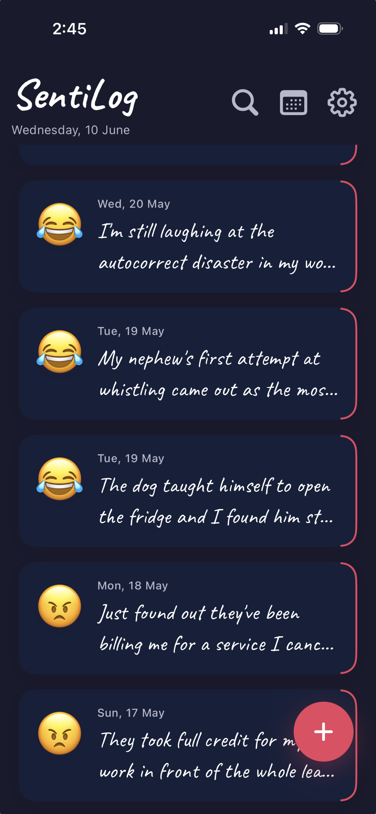 SentiLog on iOS — Home feed with emotion entries