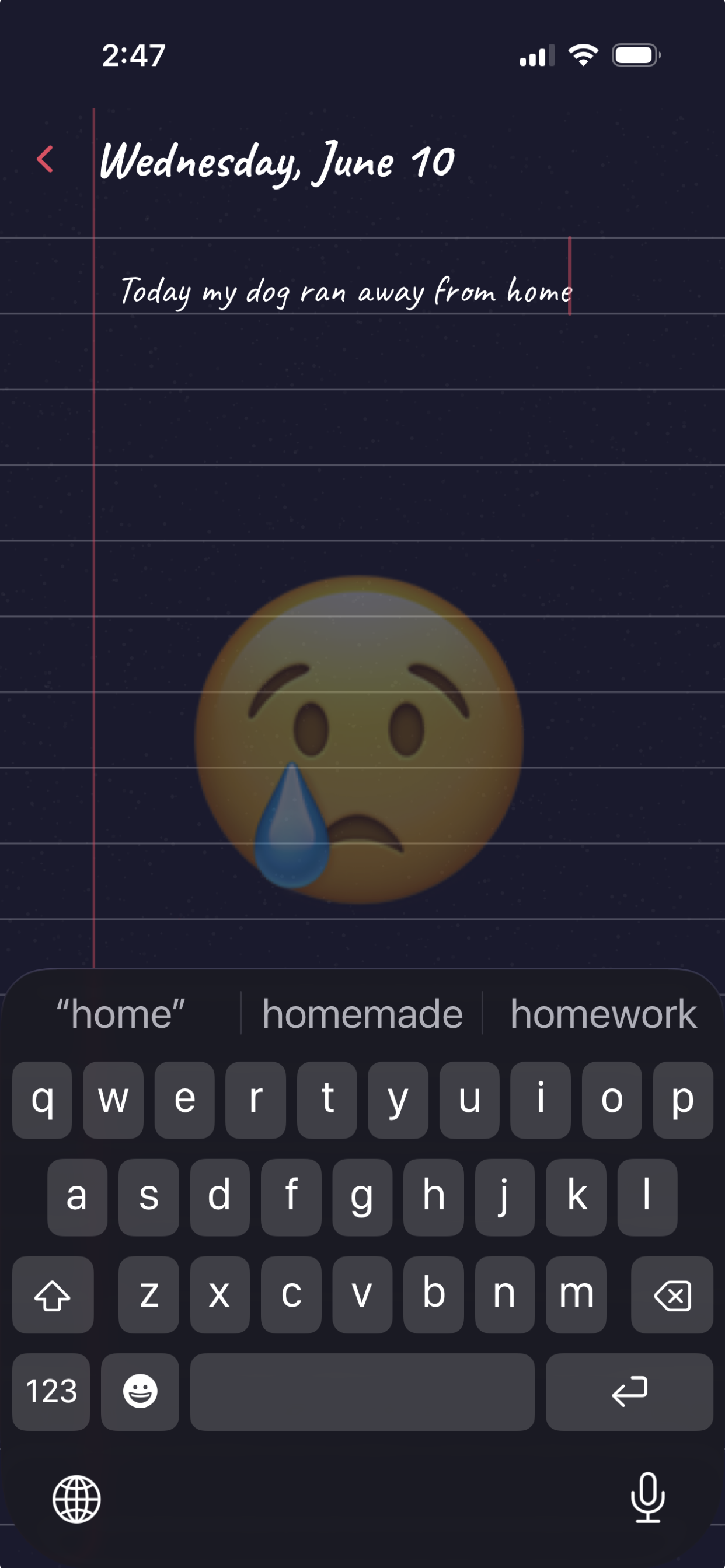 SentiLog on iOS — Journal editor with emotion watermark