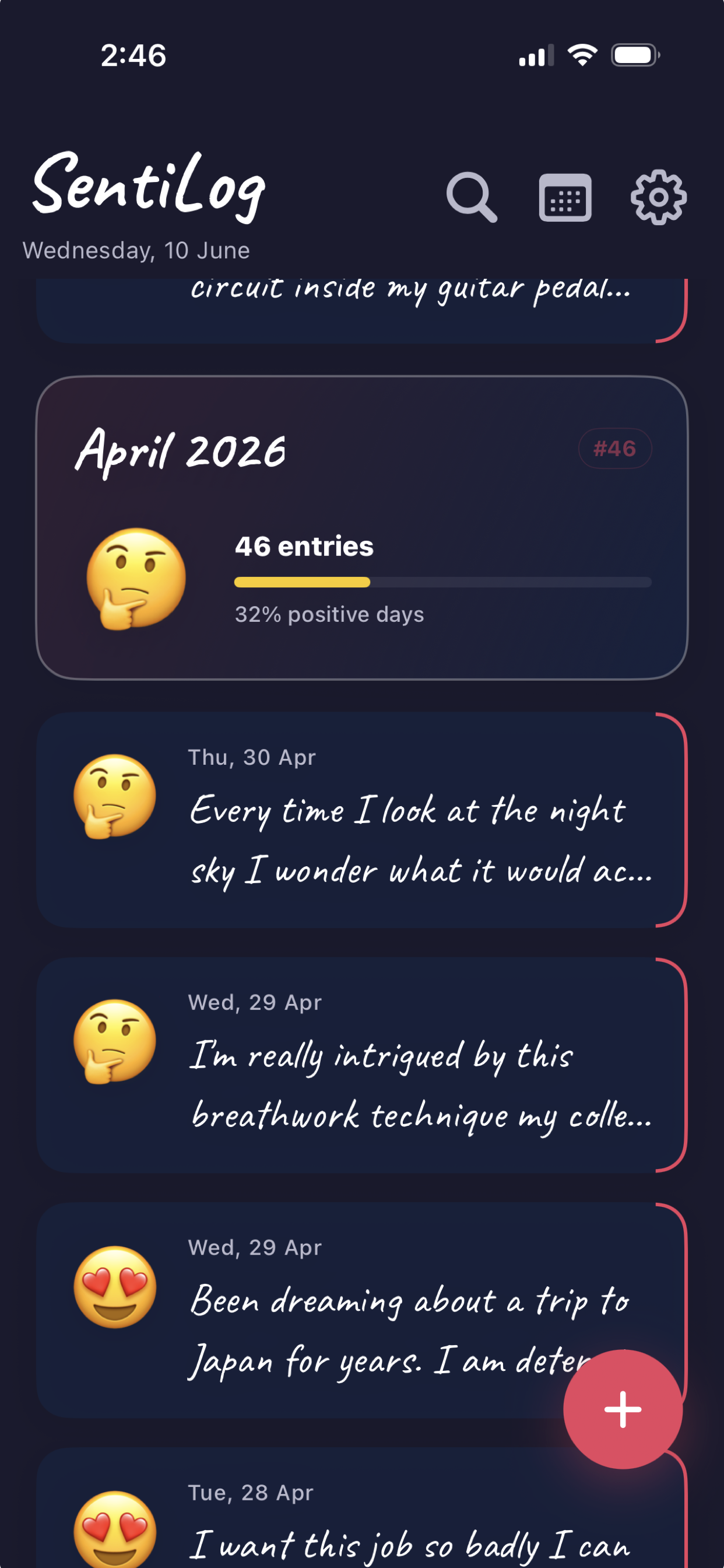 SentiLog on iOS — Monthly summary card