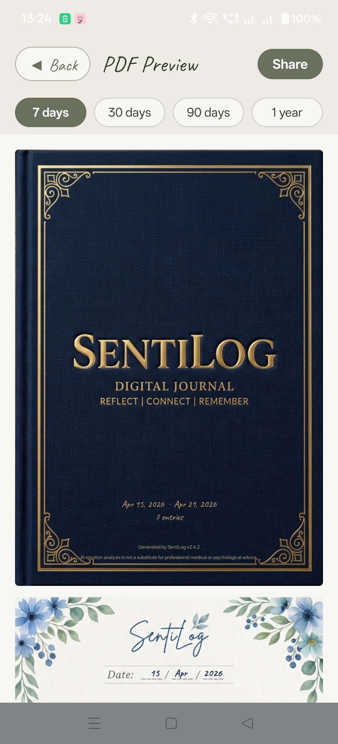 SentiLog PDF cover — dark navy with gold trim