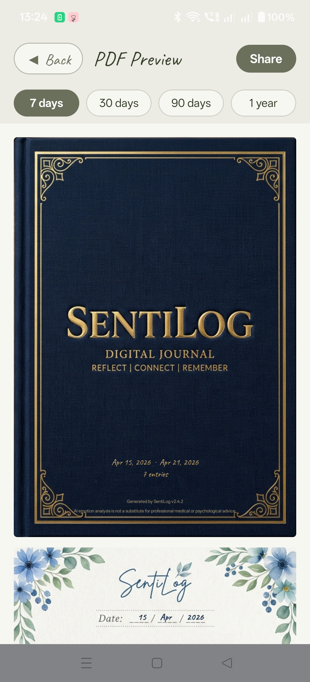 SentiLog PDF cover — dark navy with gold trim