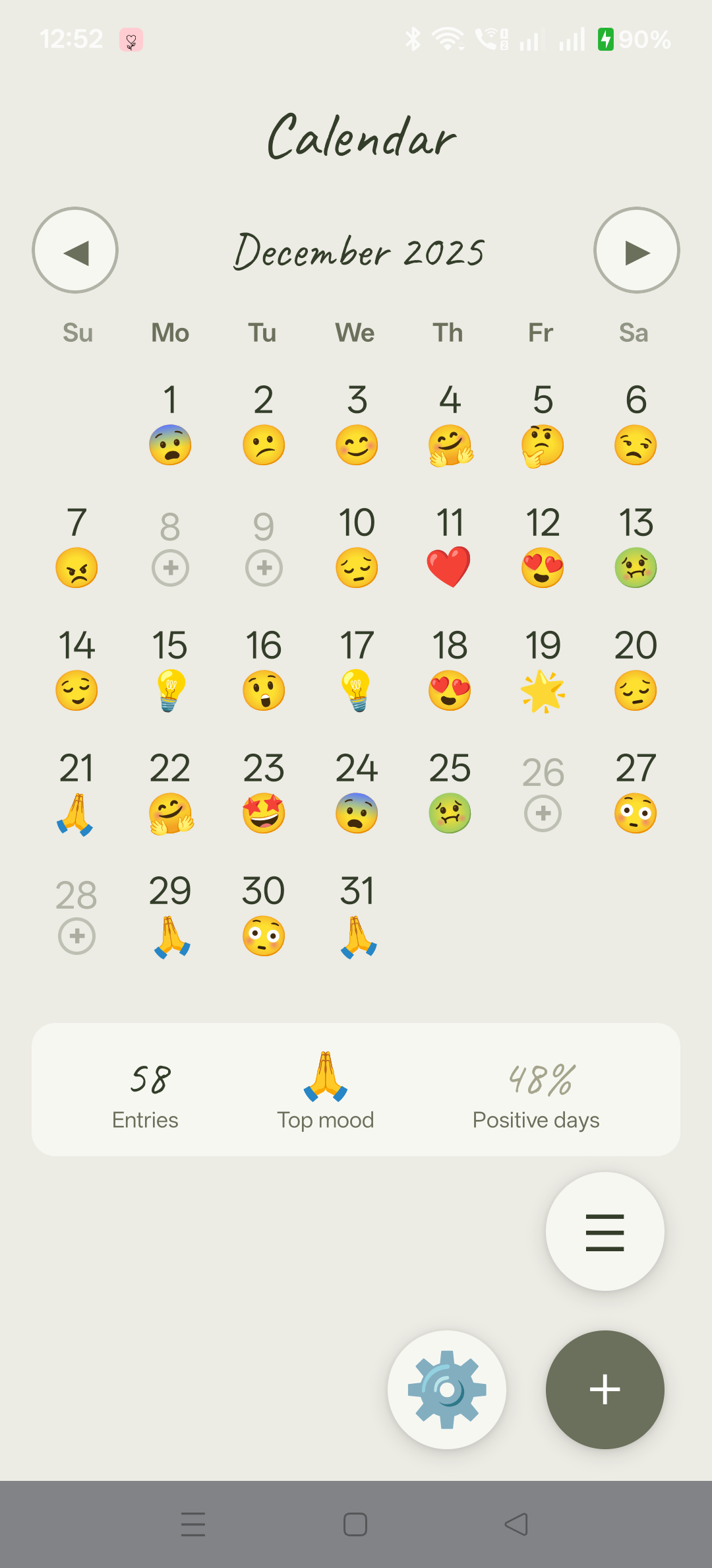 SentiLog Calendar — Monthly emoji heatmap