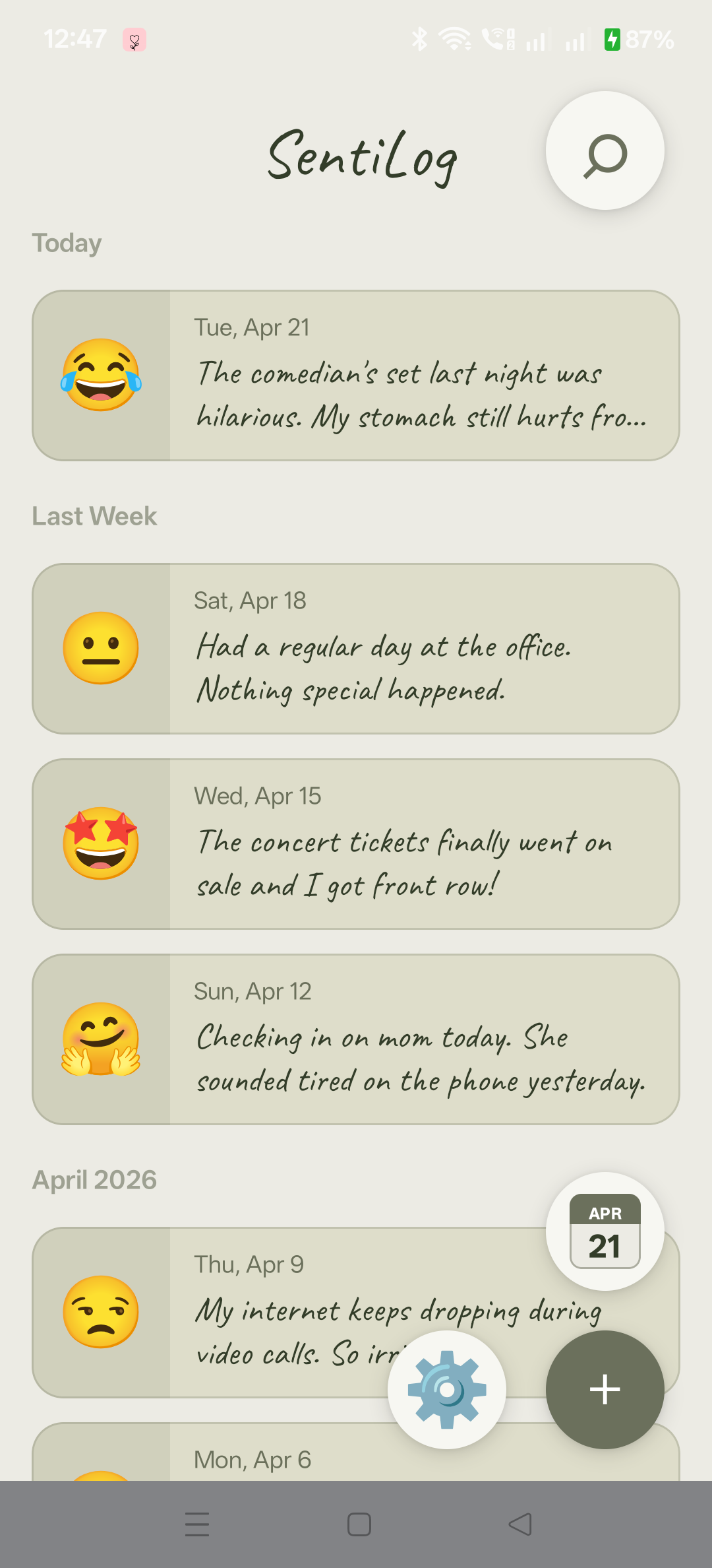 SentiLog Home — Journal entries with emotion emojis