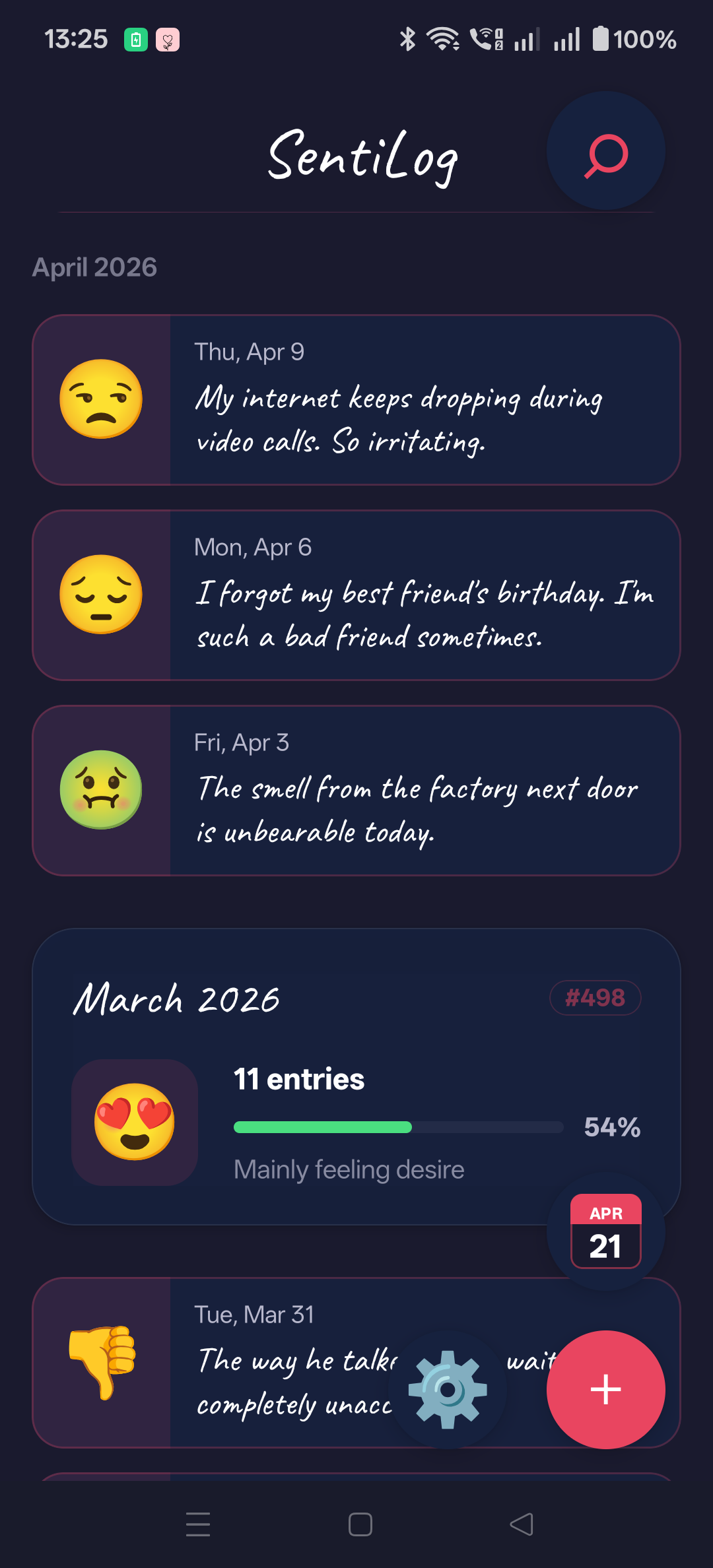 SentiLog Midnight Theme — Dark mode journal
