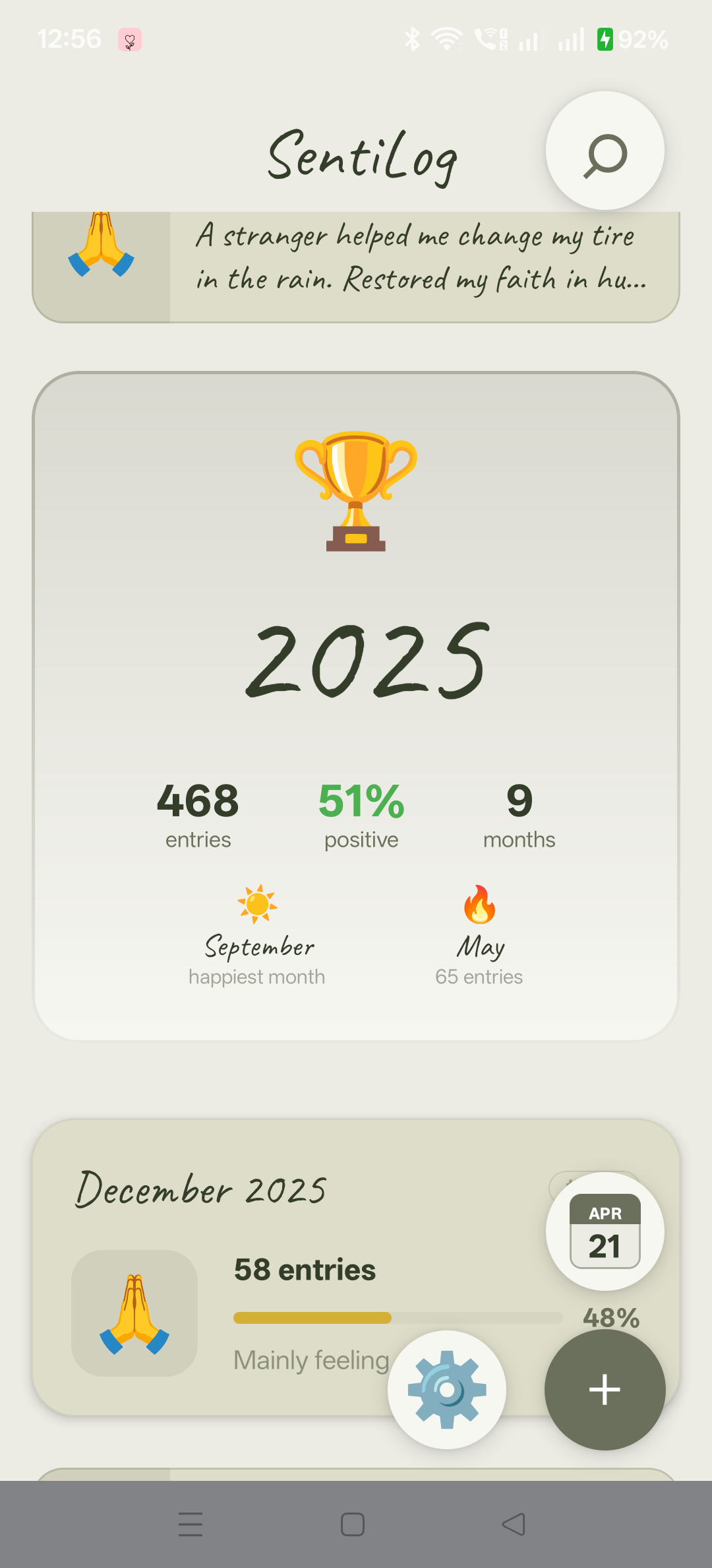 SentiLog Summary — Year and month mood stats